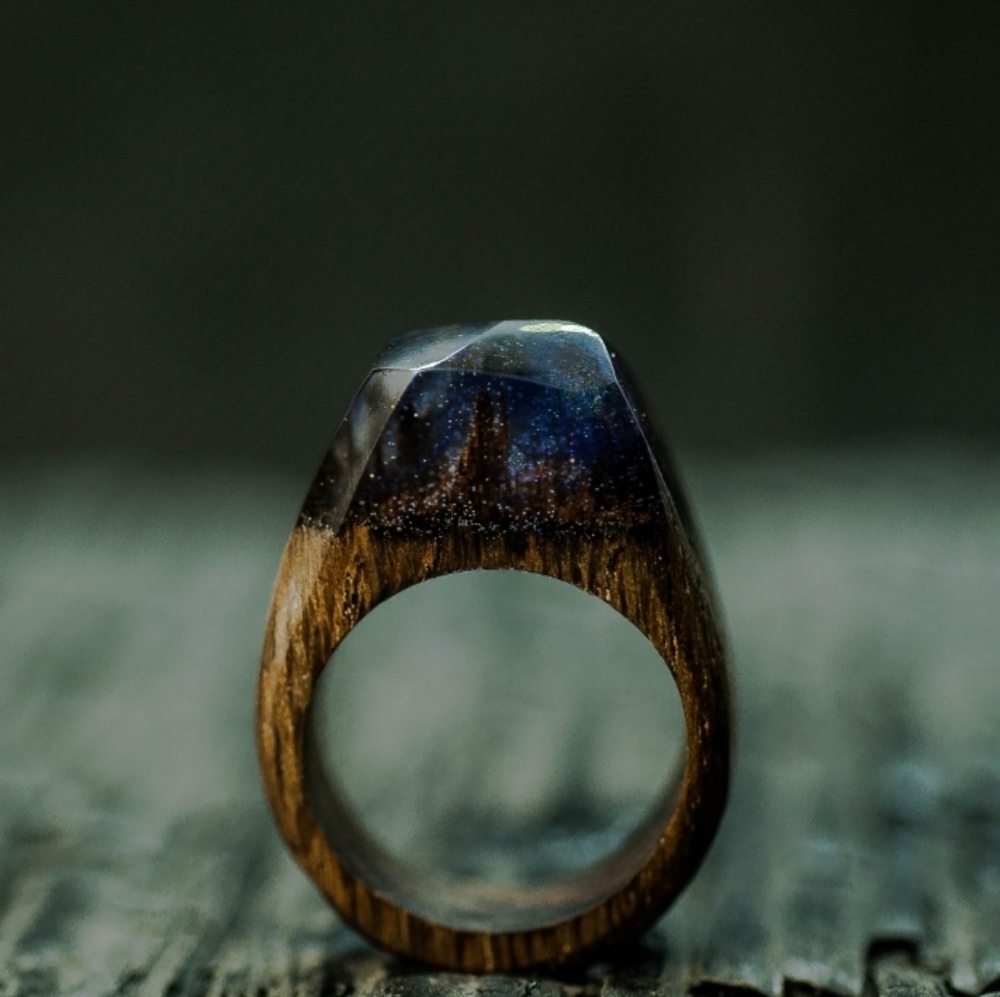 Handcrafted purple Northern Lights wood ring Sz 7
